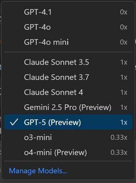 Pricing models in VSCode dropdown:

GPT-4.1 0x
GPT-5 (Preview) 1x
...