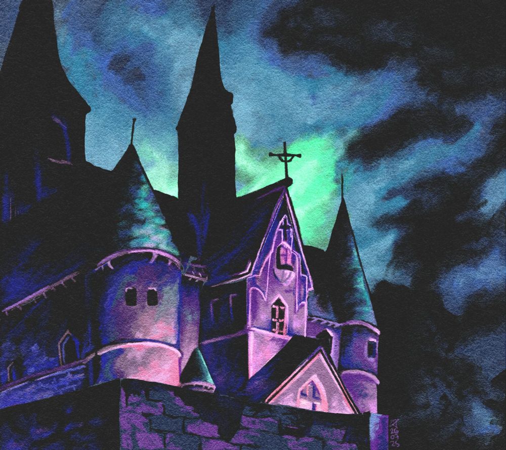 Digital painting of spooky castle in pinks and greens