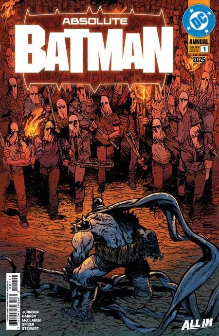 Cover for the Absolute Batman annual shows an almost Viking-like Batman in the foreground about to face off with what looks like scores of men in white hoods carrying torches and bats. 