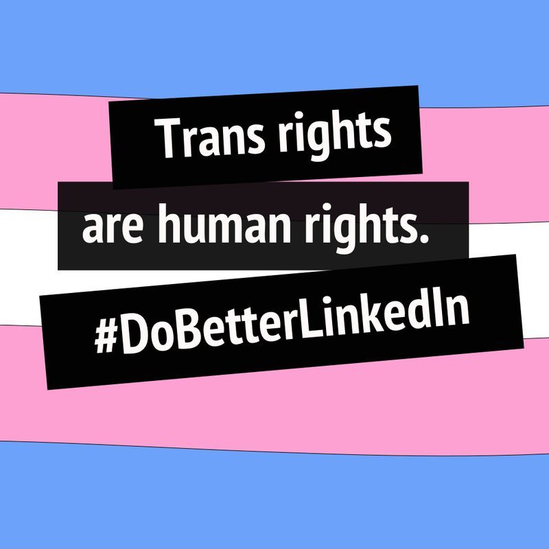 Banner with the colors of the transgender community flag and the following copy: 