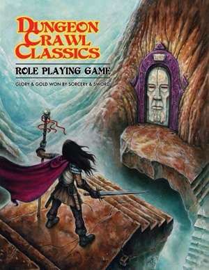 Dungeon Crawl Classics main rule book
Wizard staring down at a door carved like a face.