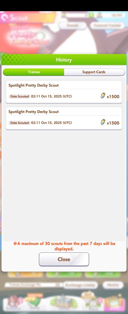 A view of Umamusume showing a history of two 10 pulls