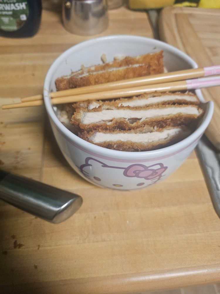 A bowl of homemade pork katsu