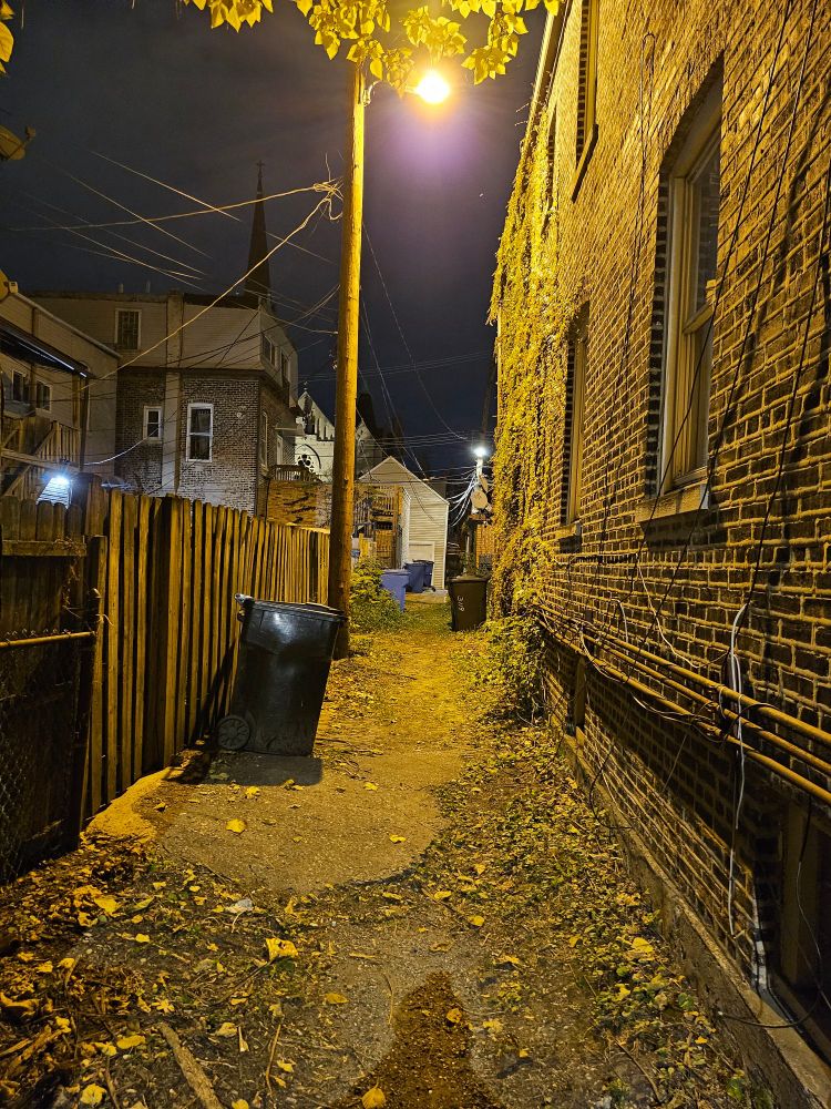 A view looking down a very narrow alley at night with a yellow street light. There is a garbage can on the left side and a brick building on the right