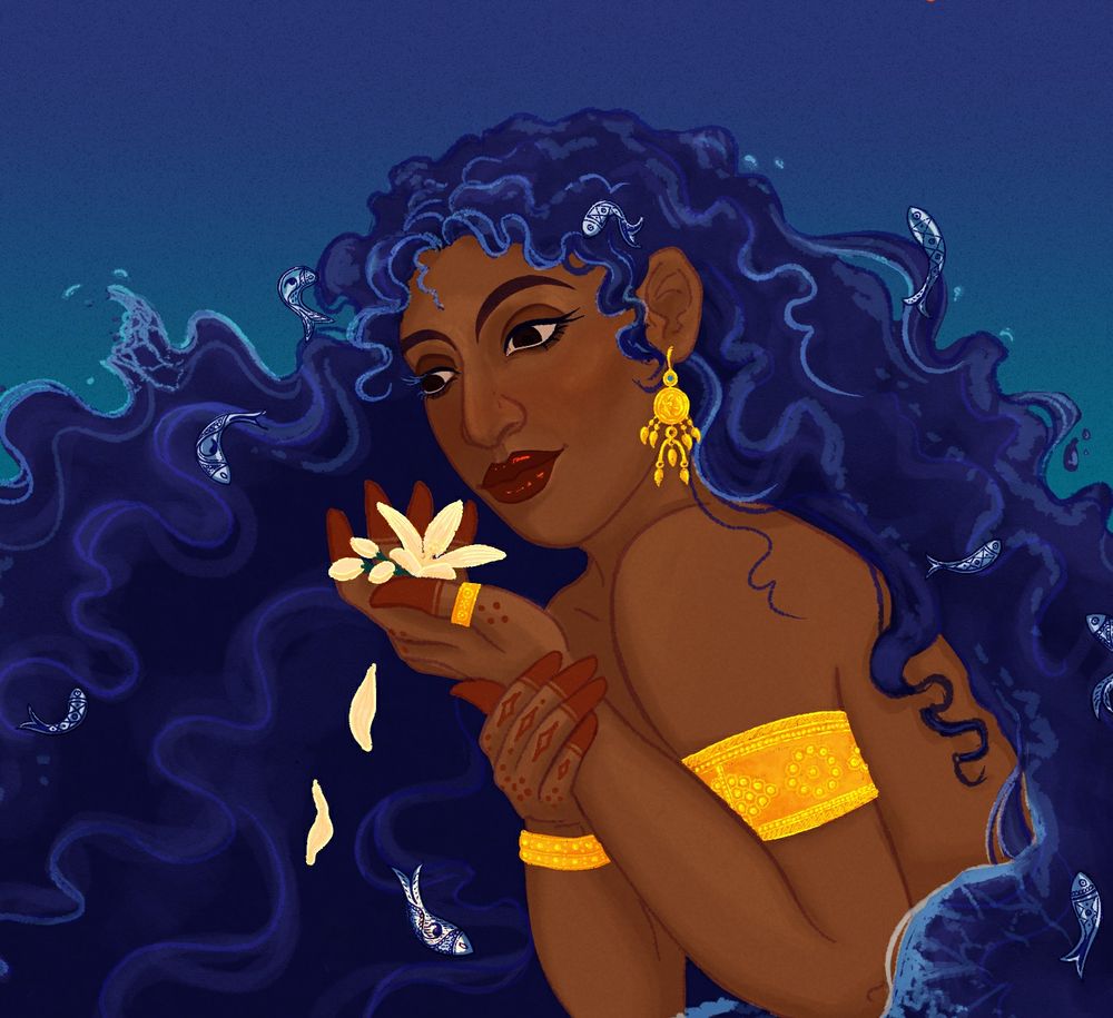 A Palestinian girl with brown skin and hennaed hands holds an orangeblossom to her face. She wears golden rings, earrings and bangles on her wrist and upper arm. Her hair is blue and made to look like waves, surrounding her. Some of the orangeblossom petals fall from her hand, turning into ornamental fish, swimming in her hair.