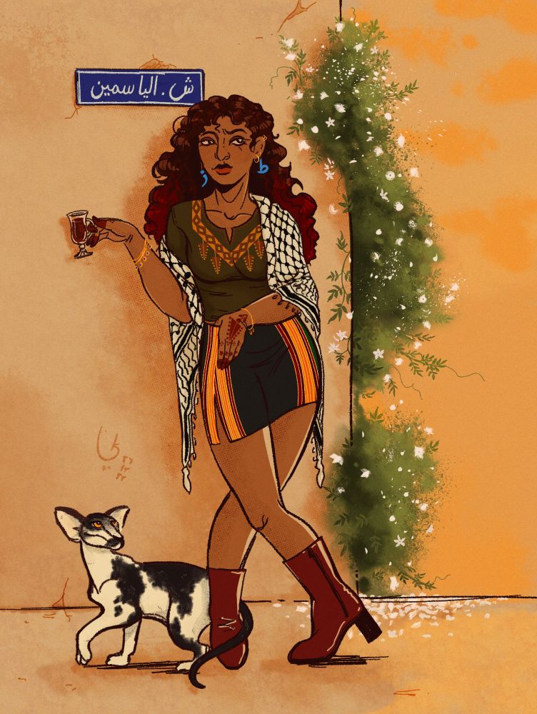 A Palestinian girl leaning against a wall with a streetsign and jasmine growing on it. She got brown skin, curly brown-red hair and is dressed in a skirt made from striped Majdalawi fabric, a green tshirt with Tatreez, red leather boots and a Kuffiyeh slung around her shoulders. Her hands are painted with henna, shes wearing gold bracelets and blue earrings that say 'toz' and shes holding a  cup of black tea while she looks disdainfully into the distance. A black and white cat is walking by her feet.