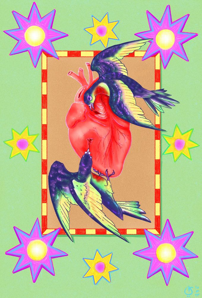 Two birds in a  rectangle pecking at a pinkish red human heart. They are framed by  a  pale-yellow and red striped border. Beyond that the background is a  vibrant pastel green with neon pink and yellow stars around the rectangle.