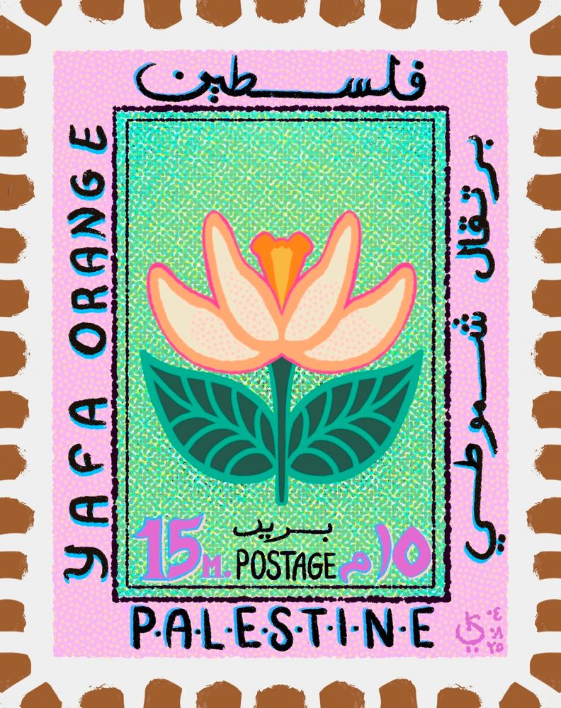 A vintage inspired stamp featuring an orange blossom infront of a luminois teal background.