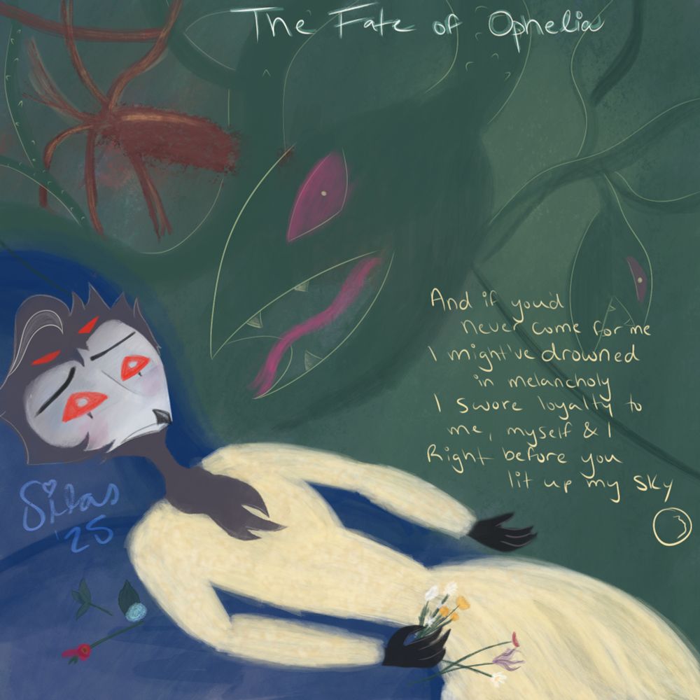 Stolas laying on a bed with flowers, the fate of Ophelia lyrics beside him