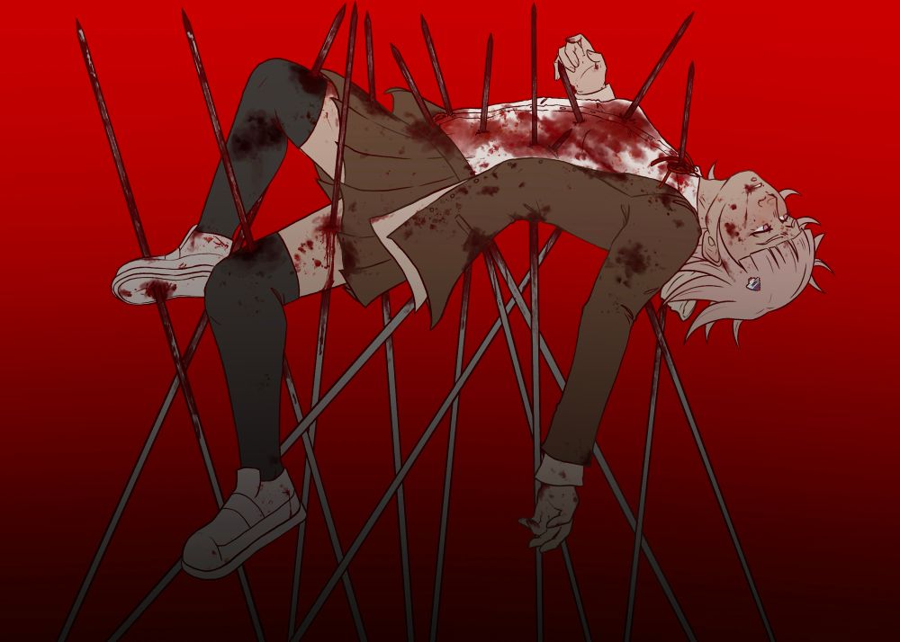 [spoilers ahead] prompt: trap; full color digital drawing of chiaki nanami is suspended in the air via spears that appear from the bottom of the screen. is is impaled multiple times all over her body as it slumps limply on the spears. she is wearing a hopes peak student uniform with stockings and sneakers. she has her galaga pin in her hair. blood seeps from her mouth and wounds. this is a redraw of her death from the danganronpa 3 anime