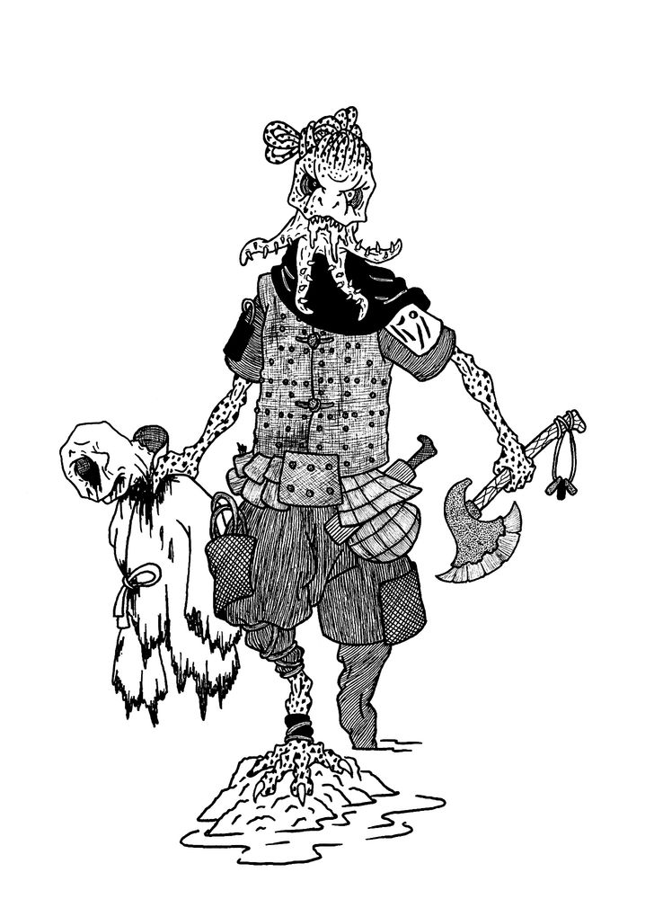 Traditional ink art depicting a monster. The monster is inspired by Lovecraft classic horror. It's a mix of anthropomorphic newt and a predatory worm. The monster is wearing brigantine armor, holds an axe. His lower jaw was replaced by worm's mouth. 