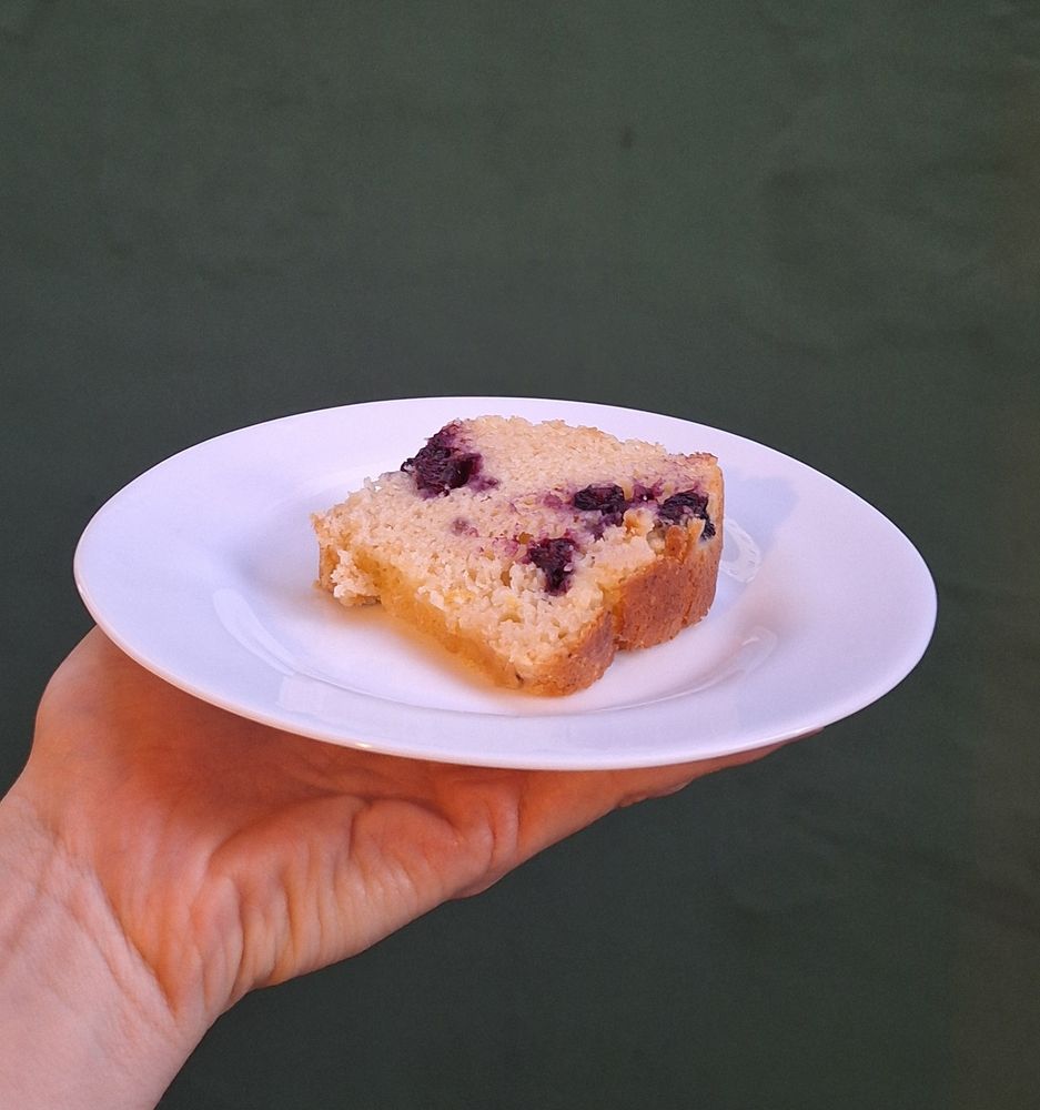 Minha mão segurando um pequeno prato branco com uma fatia de bolo de limão com mirtilos (bolo branco com frutinhas roxas).