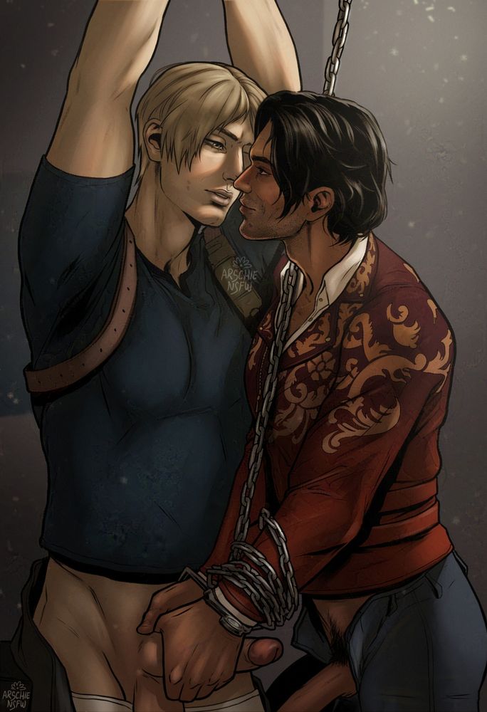 An illustration of Leon and Luis from Resident Evil 4 in that one chain scene. Luis has pulled his wrist down to Leon's dick while sultry leaning into him until their mouths are almost touching, making Leon keep his arms above his head. 
