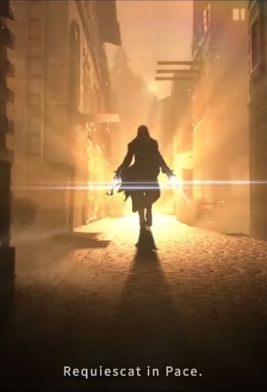 Silhouette of Ezio in the Reverse 1999 Collaboration Trailer. Subtitles say "Requiscat in Pace".