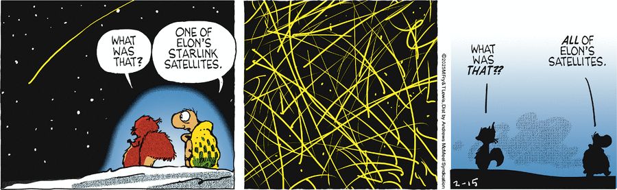 First panel: Hammy, a squirrel, and Verne, a turtle, observe a yellow arc in a starry sky. Hammy asks "What was that?" Verne replies "One of Elon's Starlink satellites."
Second panel: hundreds of crisscrossing yellow arcs flood the image, with only a tiny bit of black sky visible.
Third panel: Hammy asks "What was *that*??" Verne, walking away, replies "*All* of Elon's satellites."