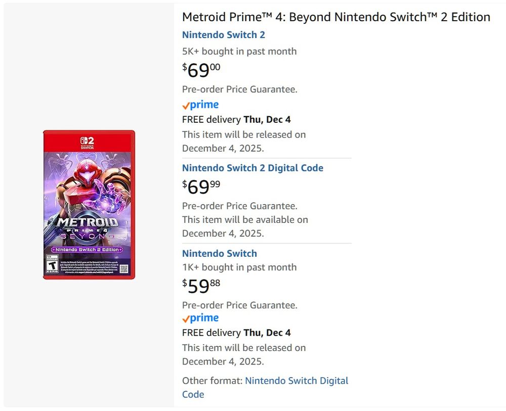 Metroid Prime 4 - $70 on Switch 2, $60 on Switch