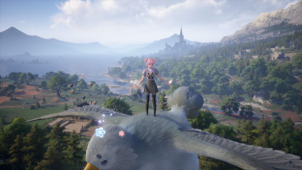 Nikki in the hair on standing on a very large gray bird. On the ground are trees, some paths and a outdoor structure somewhat visible under one of the bird wings. In the beyond is mountainous areas and a castle like structure. It's daytime.