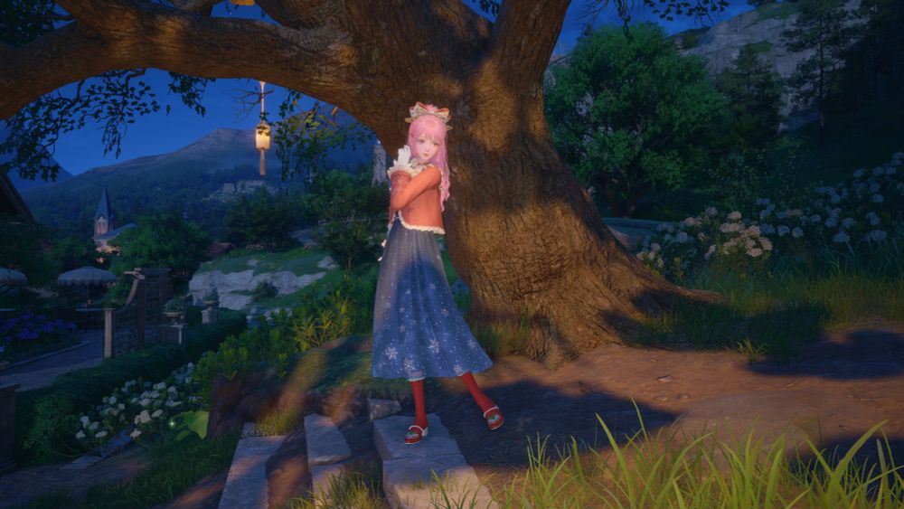 Nikki poses swaying part of her body to the left, her foreground arm bent up and her hand near her face as she looks off to the other side and one of her legs point out to that side. Her hair is long pink half up half down with a white and red polka dot bow with red lining, she has pink eyes. She wears dangling heart earrings. She has a red choker with a white flower on it. She's wearing a red cardigan with some white frilly piece on the top and white ruffle trim around it and at the edge of the cuffs. Here gloves are white with ruffle trim. Her skirt is a dark blue midi skirt with snowflakes cascading down it. She has red long crew socks with white ruffles at the top. Her shoes are red with a white sole and chunky heel, a pearl strap across the top of the foot, and the toe part has a white lace design on it with 3 green leaves on top.
She's in front of a tree on a path that has a lantern hanging from it. The scenery is some grass, flowers, trees, and a path towards the left in the back that has some fencing, flowers, and a couple of umbrella tables, a tall building is visible beyond that, and beyond that is a forest and some hilly mountain area then the night sky.