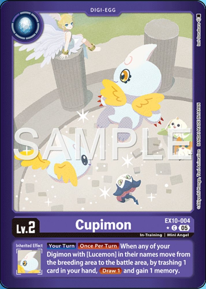 Cupimon is a rookie with the text: [your turn] [One per turn] when any of your Digimon with [Lucemon] in their names move from the breeding area to the battle area, by trashing 1 card in your hand, draw 1 and gain 1 memory.
