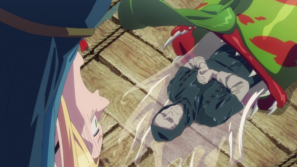 Scene from the Netflix anime version of Delicious in Dungeon. Marcille, hung upside down by a carnivorous plant monster’s tentacles, screams as she sees a man’s body popping out of another plant monster she accidentally knocked over during her struggle.