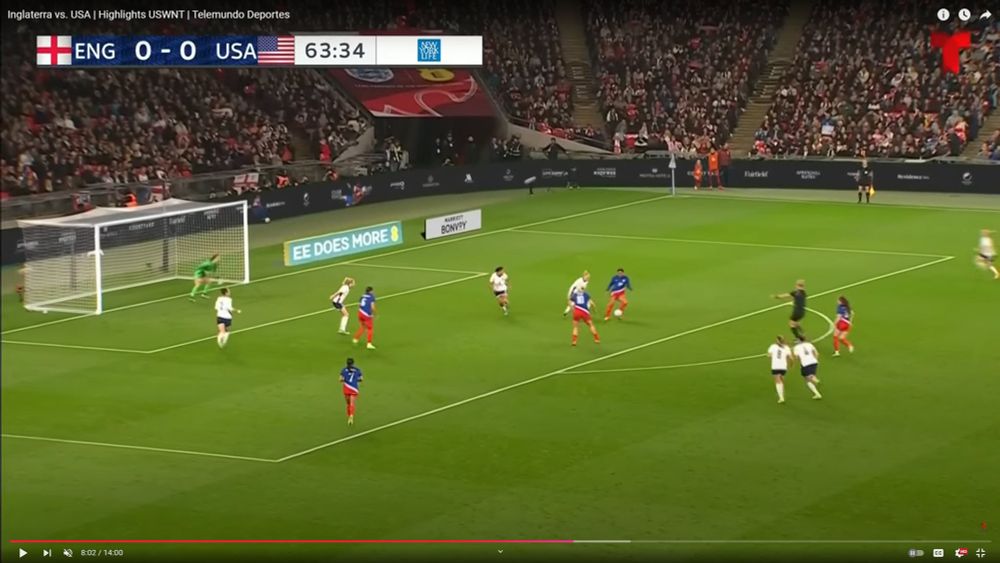 Video still at the 63:34 mark, just as referee blows her whistle and points to the penalty spot.

#24 Yazmeen Ryan had control of the ball.  #10 Lindsey Horan was open above the penalty spot.  On the upper left of the box, #7 Alyssa Thompson was wide open.  Also, #6 Lynn Williams was a few yards outside the 6-yard box and clear of her defender, so she could have received the ball as well.  Additionally, #16Rose Lavelle was open outside the box, though just behind the referee,