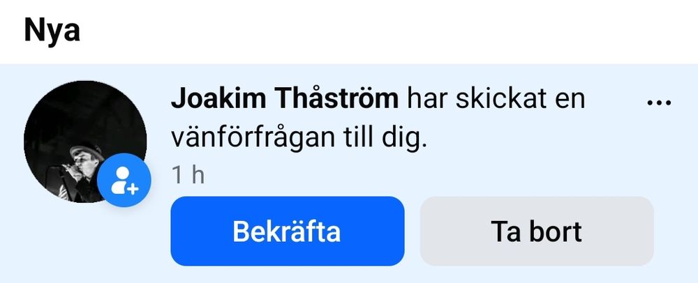 Skärmdump från Facebook på att någon som utger sig för att vara Joakim Thåström skickat en vänförfrågan till mig.