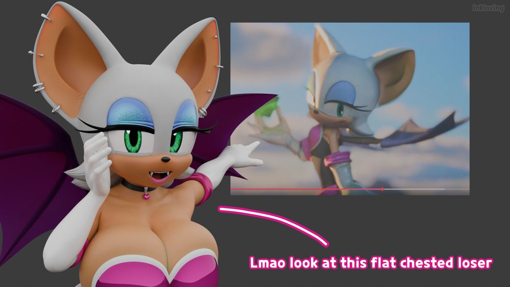 A very well endowed Rouge the Bat pointing at a screenshot of her, who is very not well endowed, and mocking her