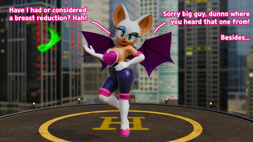 A render of Rouge the Bat, hovering on top of a rooftop in a city skyline supposedly chatting to the viewer. A Chaos Emerald can be seen in the background.

The dialogue is as follows:

Rouge: "Have I had or considered a breast reduction? Hah! Sorry big guy, dunno where you heard that one from! Besides..."