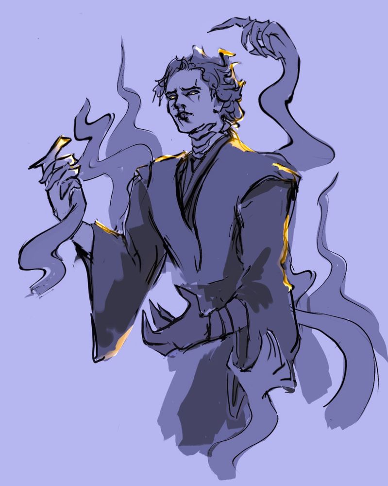 anakin with eldritch force hands guiding him. one points the way over his shoulder. one grabs him around the throat to keep him facing forward and upright. one tenderly holds his hand, linking fingers together and pulling him onward. another grabs the sleeve if his robes and pulls downward. anakin has sith eyes and a bloody nose and his expression is one of fear. may the force be with him always.