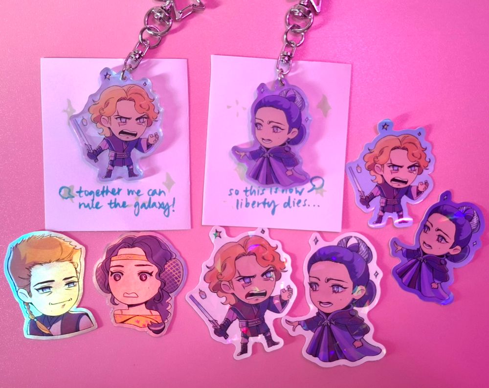 padme and anakin keychains and stickers with art by theresadraws !