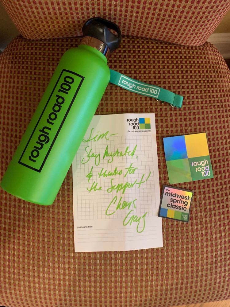 Swag from RR100 race. Drink bottle, stickers and a nice note.