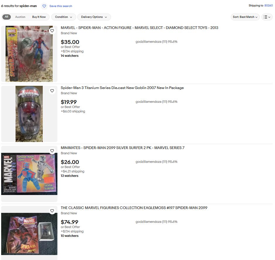 A selection of toys I'm selling on Ebay, all related to Spider-Man because I know my audience
