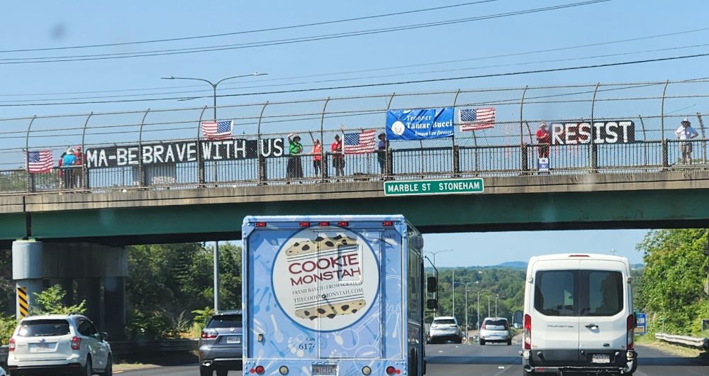 People on bridge overpass with pro-democracy banners and American flags waving at traffic.