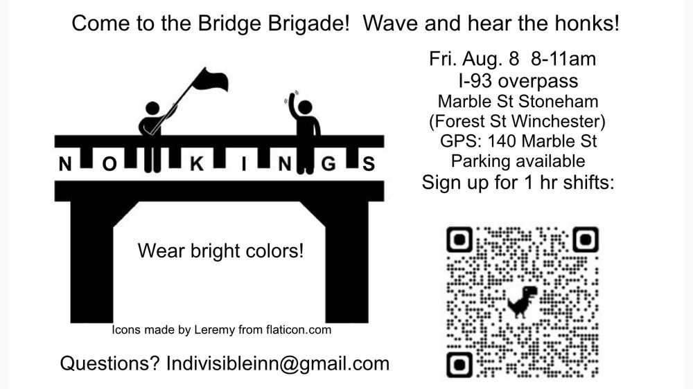 Image of bridge with people waving and No Kings