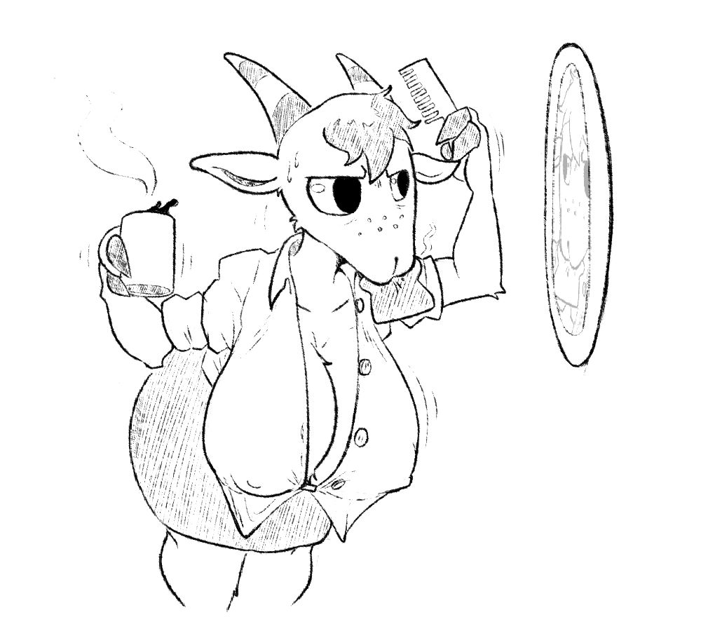 a digital drawing a of a very busty version of a goat character named Chevre from Animal Crossing. she's bending forward, looking into a mirror, her shirt only halfway buttoned up, fresh slice of toast in her mouth, coffee in her right hand, and a comb in her left, trying to fix her hair