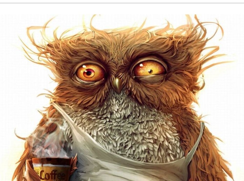 Müde Eule mit Kaffee