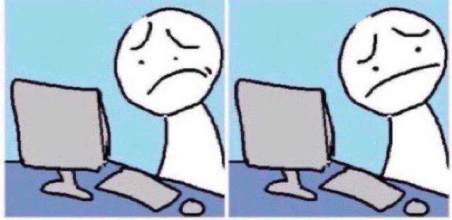 A two panel cartoon of a character looking at the monitor of a desktop computer with concern. In the second panel, the character looks away and down, their confusion resigned to sadness.