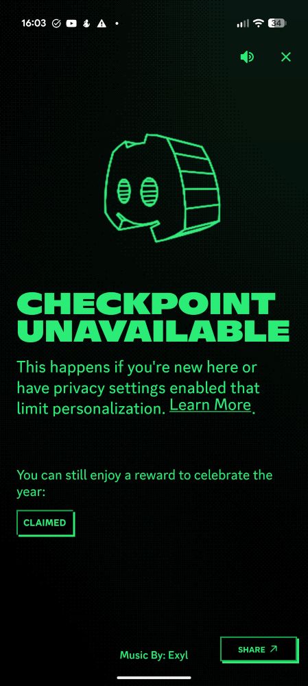 discord screenshot. the title reads "CHECKPOINT UNAVAILABLE", followed by the text:

"This happens if you're new here or have privacy settings enabled that limit personalization."