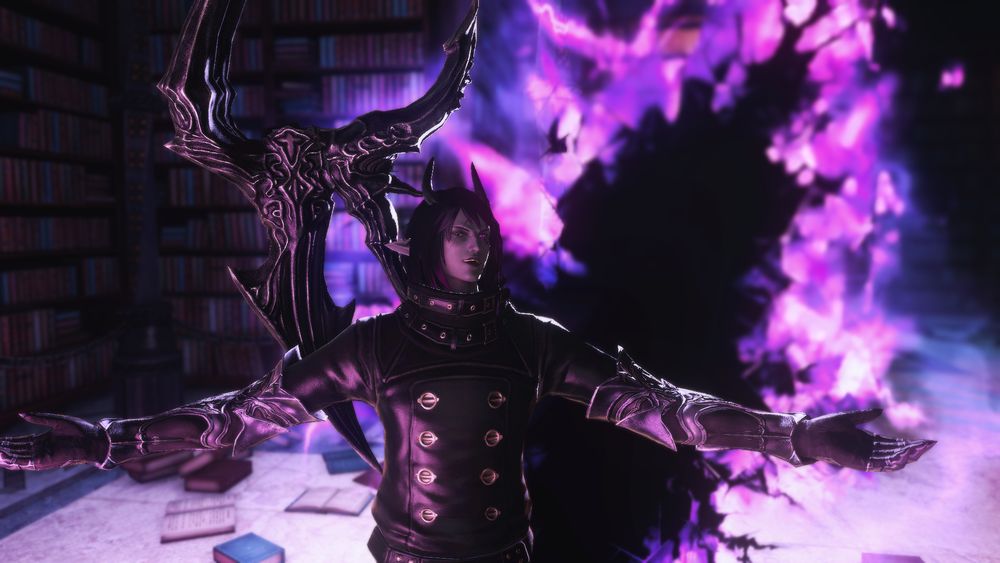 FFXIV gpose of a grey Duskwight Elezen with horns and a scythe; he is backlit by the glowing purple edge of a void portal.