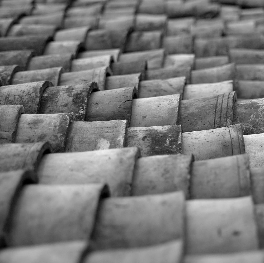 Übereinander liegende Dachziegel, nur leicht schräg angeordnet. Schwarzweissbild, das die Strukturen der einzelnen Ziegel hervorhebt.