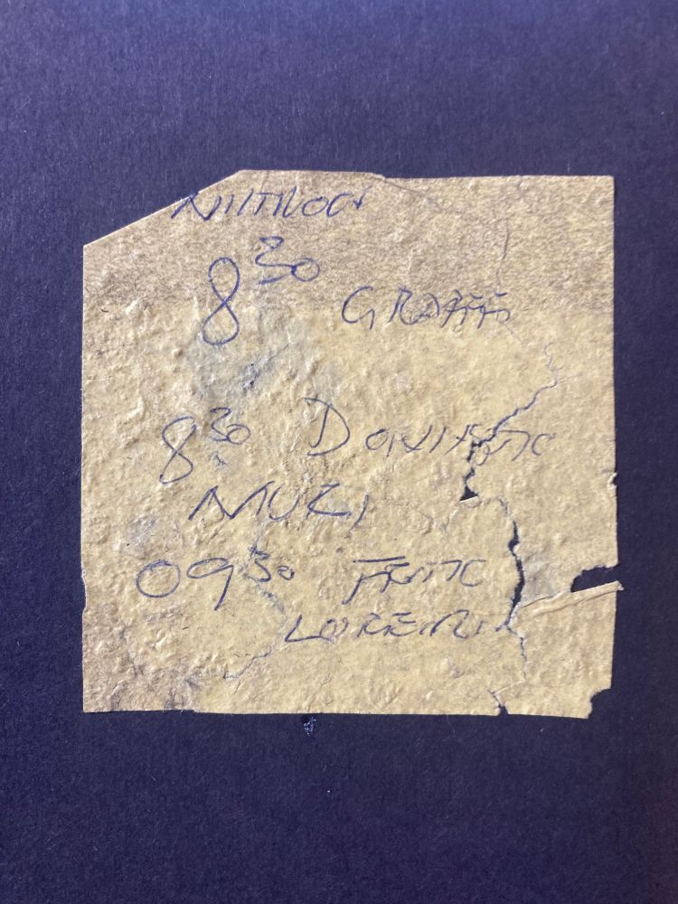 Volume 209 der Fundzettel. Ein zerzauster Zettel, der mehr durch Charakter beeindruckt als durch Substanz. Es scheint eine Art Tagesablauf zu sein, mit Zeit- und Ortangaben. Faszinierend ist, dass es sich um grosse deutliche Buchstaben handelt, die man trotzdem kaum entziffern kann