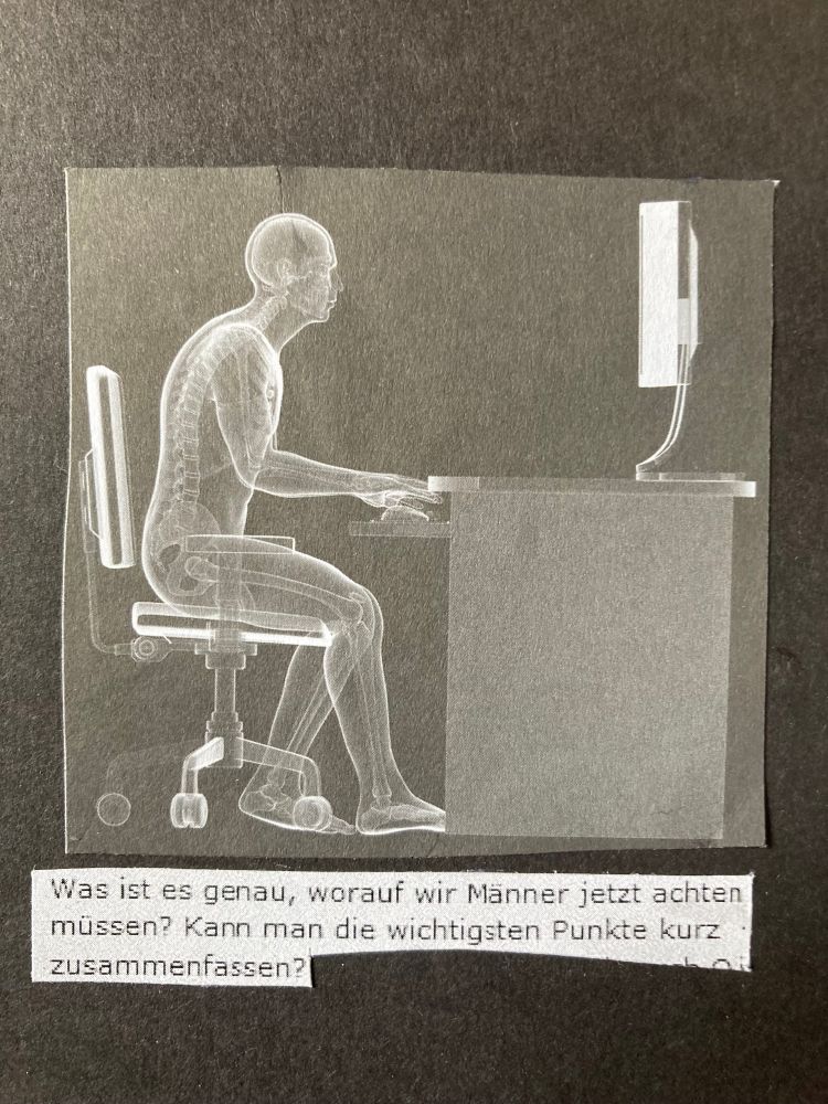 Volume 266 der Vignetten. Eine schematische Darstellung eines Menschen am Computers, alles ist transparent, es geht wohl irgendwie um die Haltung der Wirbelsäule in Schreibtischberufen. Eingeklebt "Was ist es genau, worauf wir Männer jetzt achten müssen? Kann man die wichtigsten Punkte kurz zusammenfassen?"