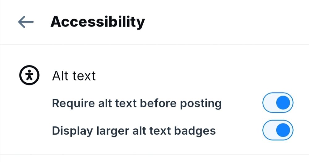 Accessibility settings in the BlueSky app, showing a button you can switch to require alt text before posting. I also have a button on to make the alt text badge bigger