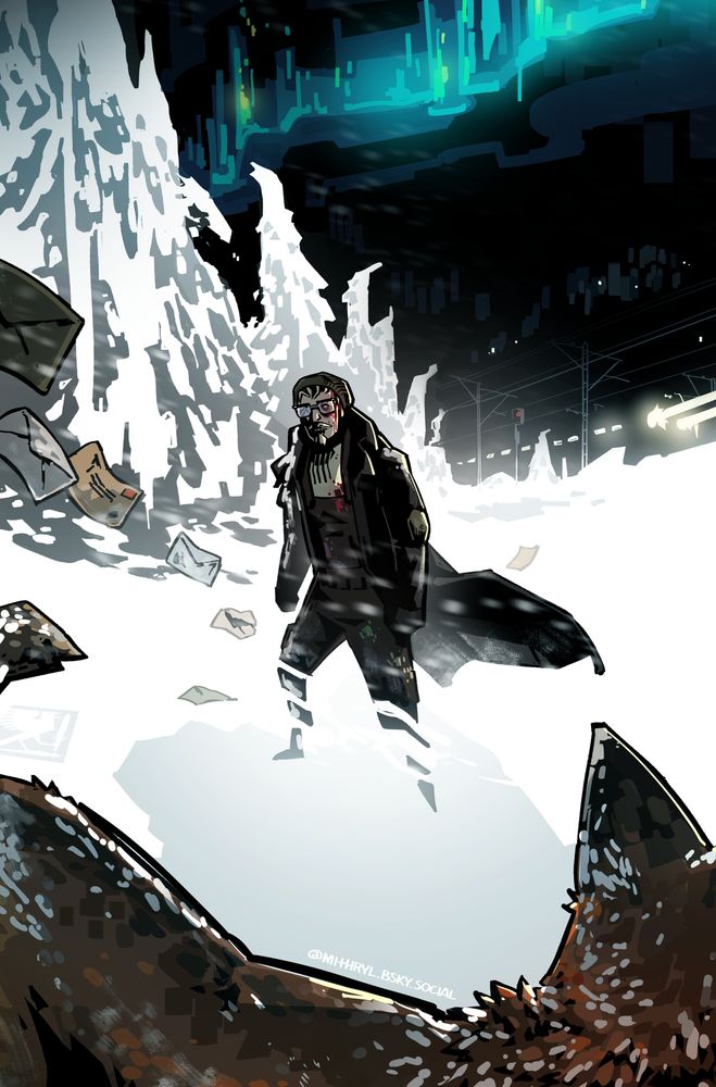 An illustration of a man standing in a snowstorm at night. There is a train behind him, and a fox in front of him. Envelopes flutter in the blizzard, and the northern lights drift overhead.