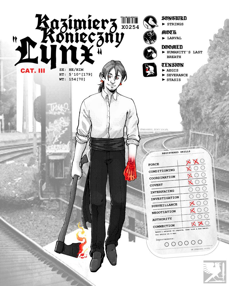 a mostly black-and-white illustration of Kazimierz Konieczny, aka Lynx, the CAIN character of @creative-pigeons.bsky.social. He is a young man wearing a loose white dress shirt with the sleeves rolled up, a sash, and dress pants. His hair is messy, and whatever isn't pulled into a low ponytail hangs in front of his face. He has dark circles under his eyes and looks tired, but is smiling slightly. He has a wispy mustache and goatee. He is holding a woodcutter's axe loosely to one side. His other hand is translucent, red, and skeletal. He is wearing a pair of red moth earrings.