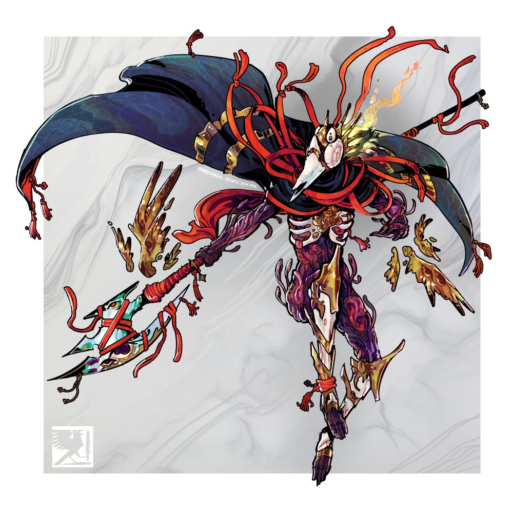Kiln, a humanoid creature with meaty insides and a delicate porcelain shell. They're wearing a long flowing cape and one million ribbons which flutter in the air as they swing with a similarly ornate halberd.