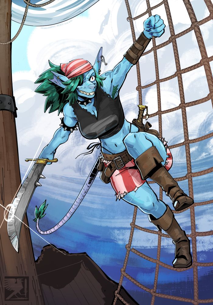 An illustration of a blue-skinned goblin pirate hanging from the rigging of a ship with a sword glinting in the sunlight. She, of course, has a fat ass.
