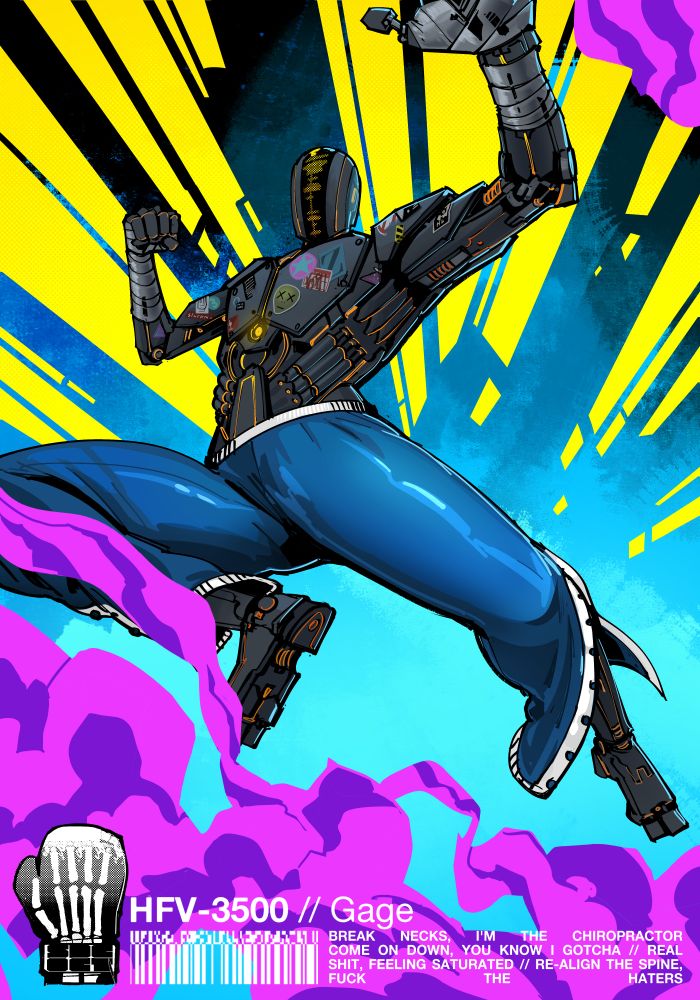 A super-saturated illustration of Gage, a robot wearing snap-up pants and ducttape handwraps. He's leaping towards the camera to deliver a flying knee. 