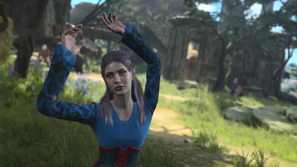 Screen cap from the video game, Baldur’s Gate 3. Shows a Drow (gray elf) with a face of disaffected dreaminess, arms swaying over head. 