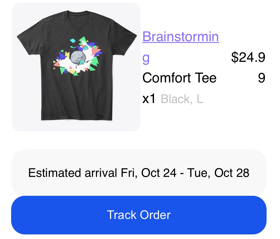 "Brainstorming" shirt from hfjONE store, est. arrival set to Oct. 24-28, which they've missed by nearly a month.